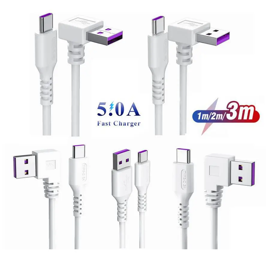 5A USB C Tipi Kablo Hızlı Şarj Kablosu Veri kablo kordonu 90 Derece Yukarı Aşağı Sol Sağ Açılı Beyaz Kablo Cep tablet telefon