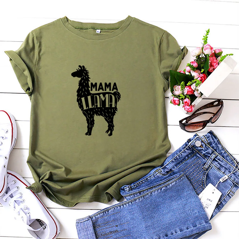 Llama Mama Tee Gömlek Femme Sevimli Alpaka Hayvan Grafik Moda Camiseta Mujer Kısa Kollu Siyah Tişörtleri Kadın Yaz