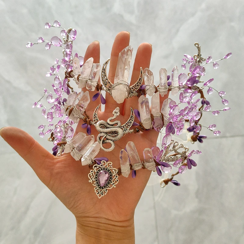 Cadı Sihirli Peri Tiara Woodland Kristal Kuvars Hilal Ay Yılan Hairband Peri Hairwear Wicca hediye kadınlar İçin