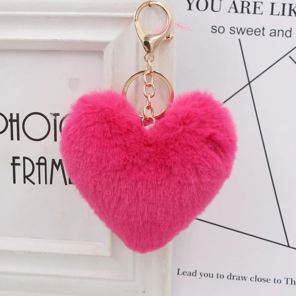 21 Renkler Kabarık Ponpon Anahtarlık Yumuşak Düz Renk Kalp Şekli Ponpon Faux Tavşan Kürk Topu Araba Çanta Anahtar halka kolye Takı