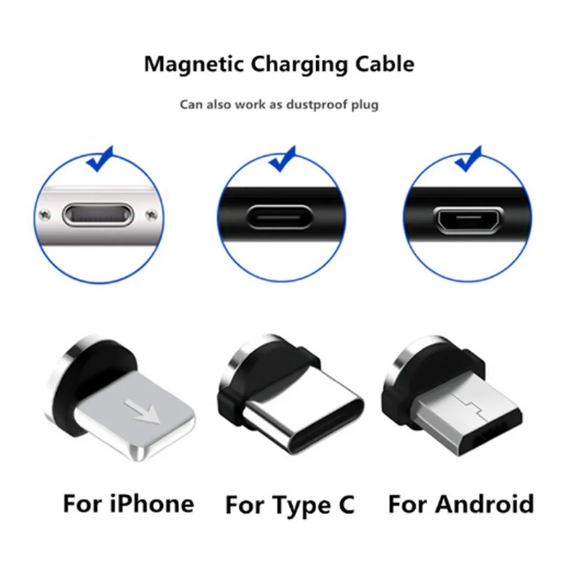 Manyetik Telefon Kablosu Adaptörü Bağlayıcı İpuçları Kafa Mıknatıs Şarj Bağlayıcı İphone Mikro USB Android Cihazlar için