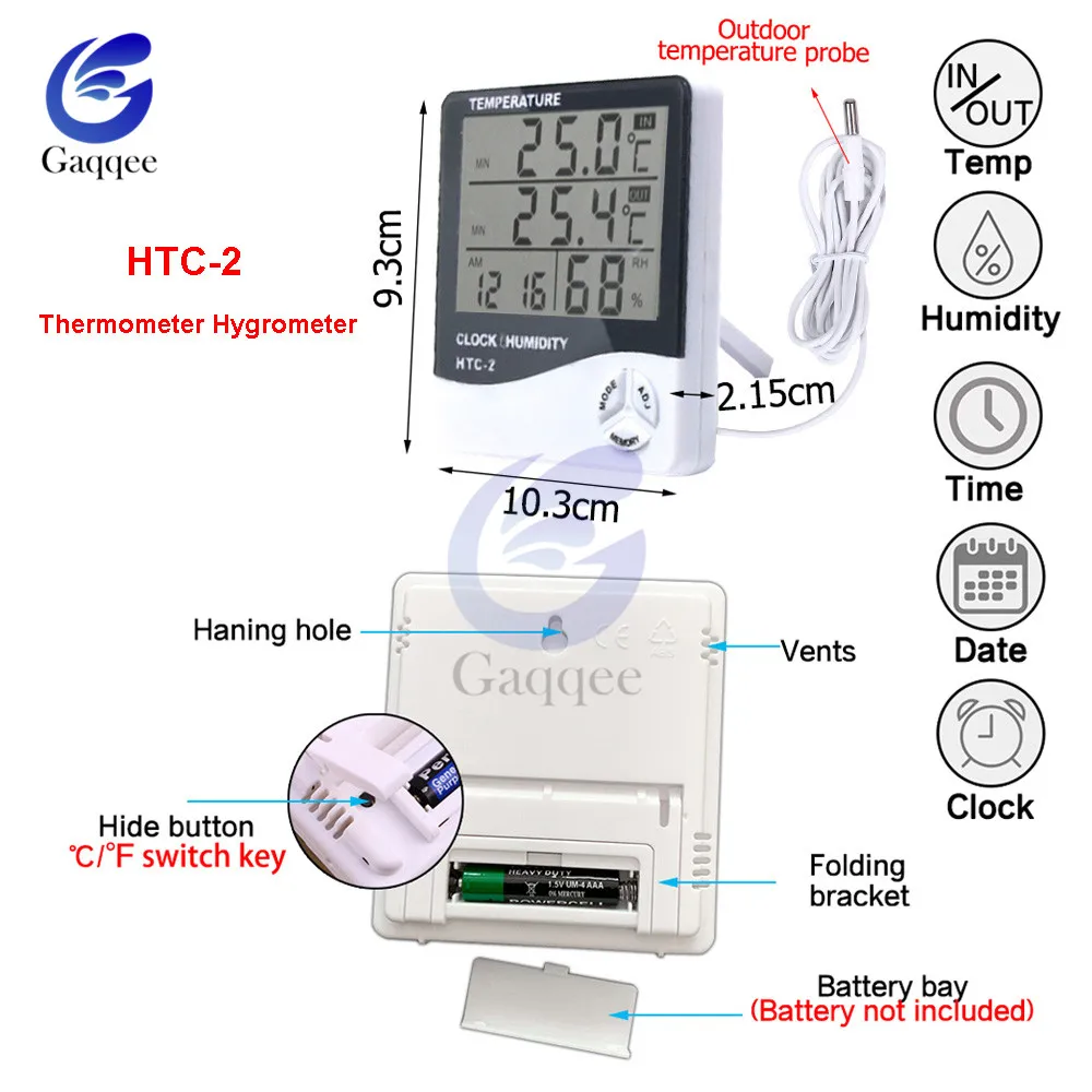 HTC-2 Sıcaklık Nem Ölçer Termometre Higrometre Kapalı Açık Hava durumlu saat HTC-2 LCD dijital ekran Görüntü 0 