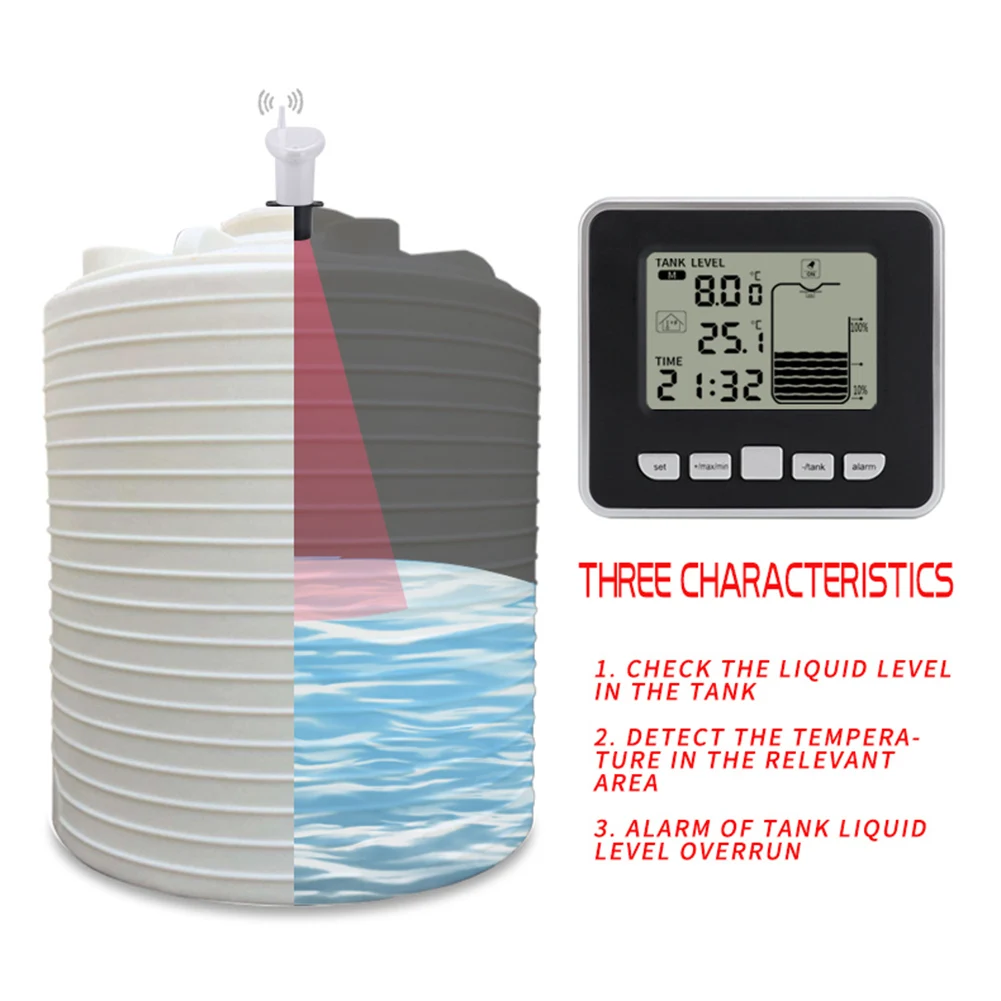 Zaman Alarm Verici Ölçüm Kablosuz Ultrasonik Su Deposu Sıvı Derinlik Seviyesi Ölçer Akış Sensörü Monitör Kiti