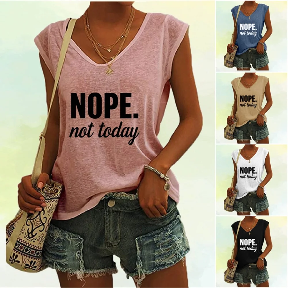 Kadın Moda Tank Top Mektuplar Baskılı Kolsuz Gömlek Yaz V Boyun T-shirt Rahat Yelek Üst Bayanlar Gevşek Tank Top
