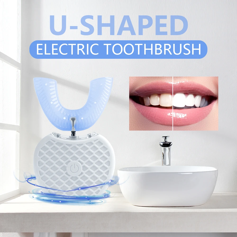 Otomatik Sonic elektrikli diş fırçası 360 derece U tipi diş fırçası USB şarj diş fırçası beyazlatma mavi ışık