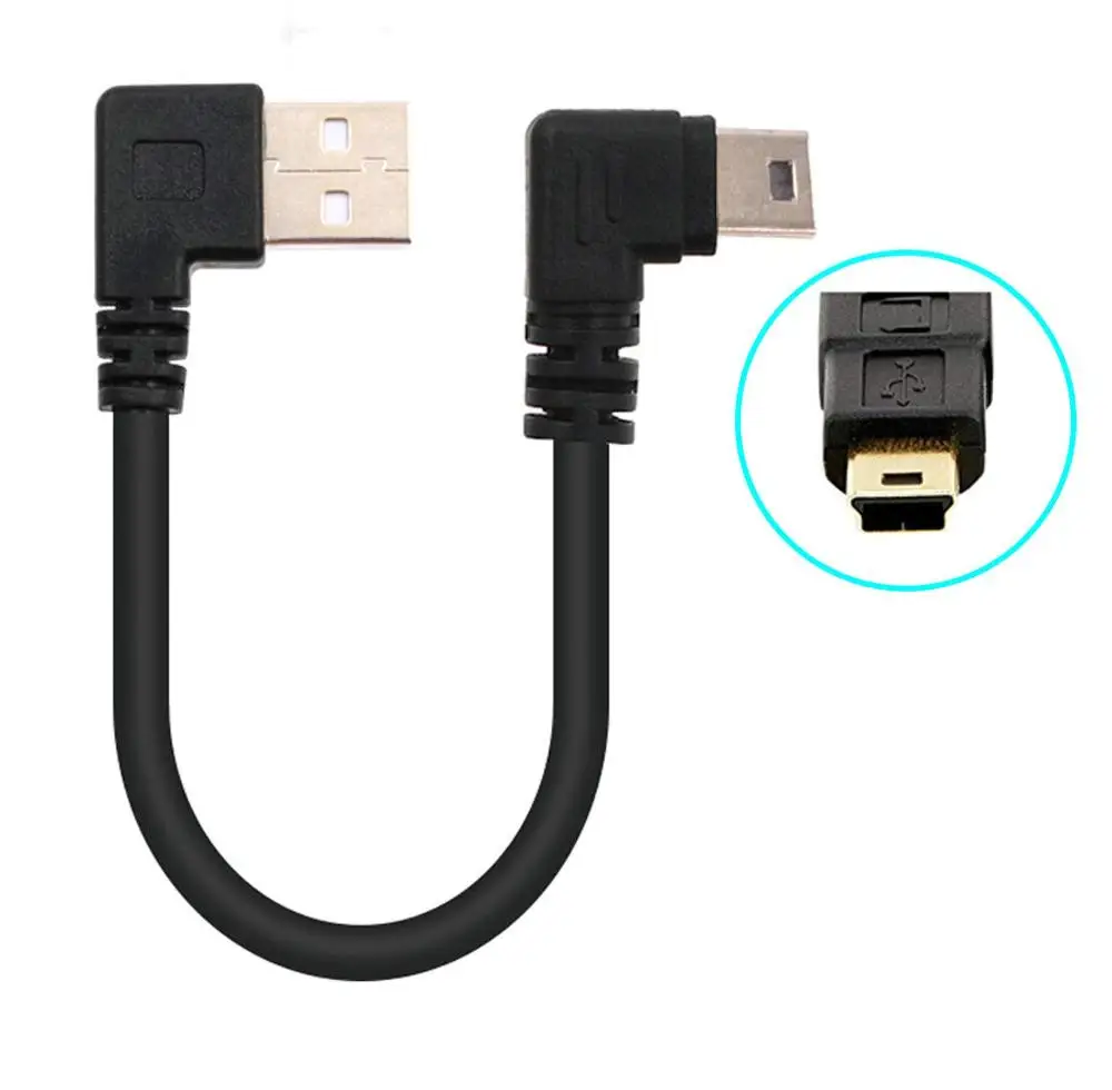 Kısa USB 2.0 kablosu, tip A'dan Mini B'ye, USB şarj aleti kablosu, çift 90 derece dik açı 5 pin 25CM