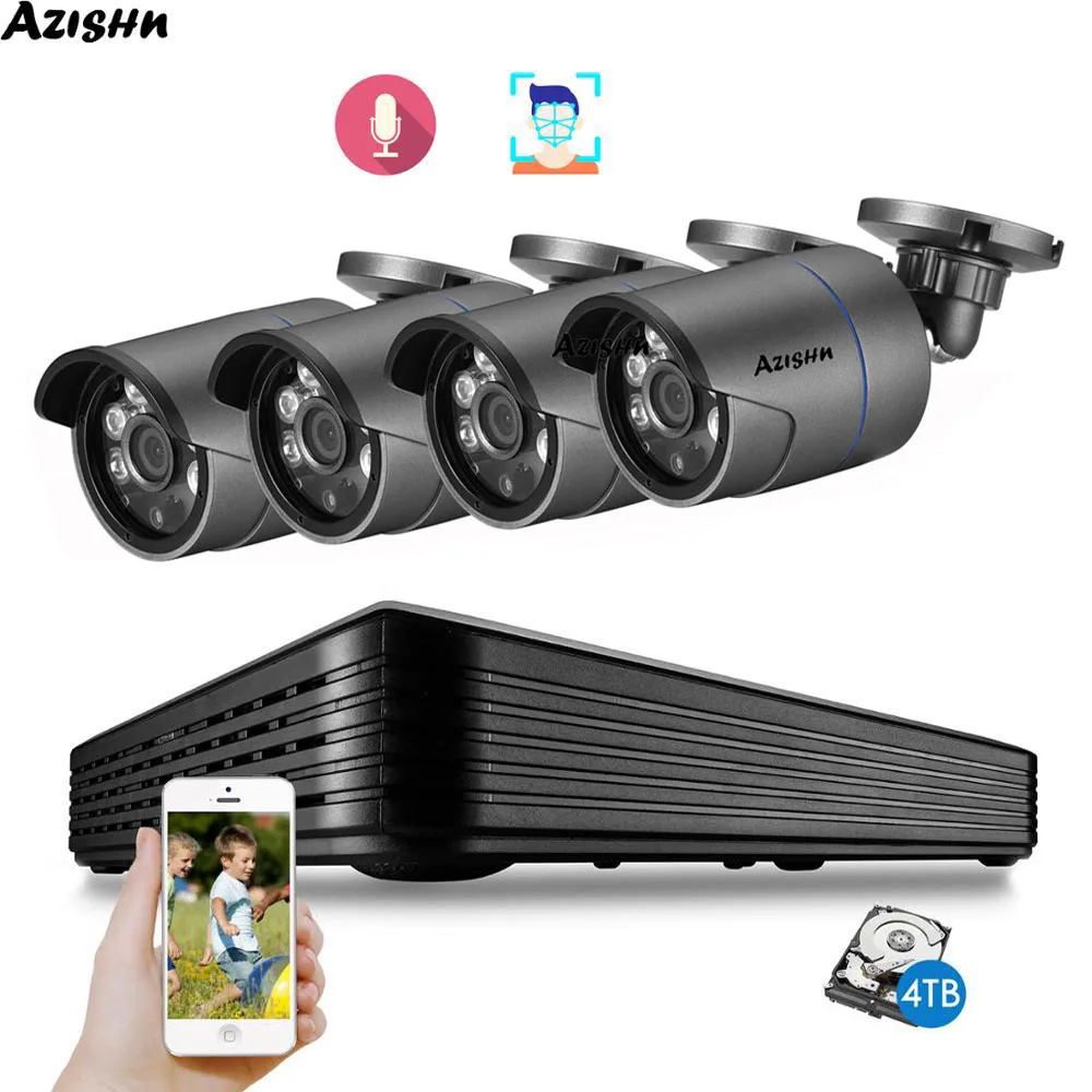 AZISHN H. 265 CCTV Sistemi POE NVR Kiti 4CH 5MP Su Geçirmez POE IP Kamera Bullet ev güvenlik kamerası Sistemi Açık Yüz Algılama