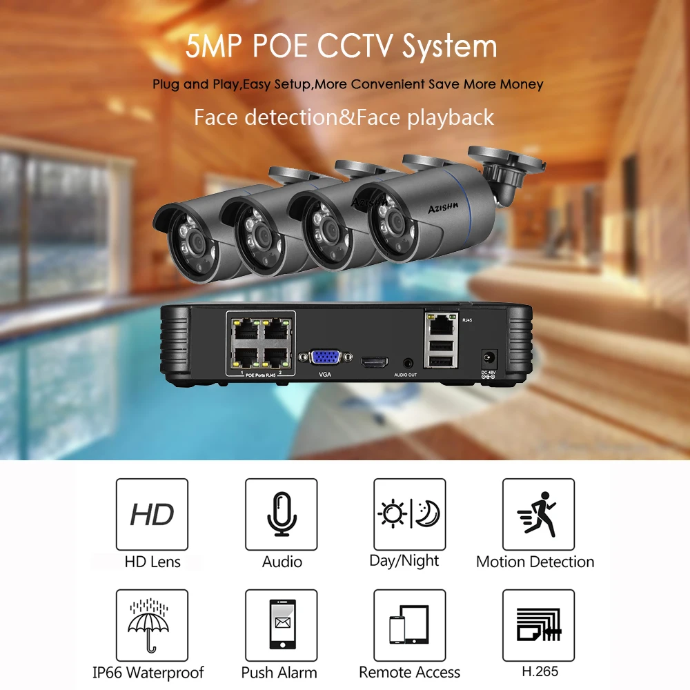 AZISHN H. 265 CCTV Sistemi POE NVR Kiti 4CH 5MP Su Geçirmez POE IP Kamera Bullet ev güvenlik kamerası Sistemi Açık Yüz Algılama Görüntü 1 