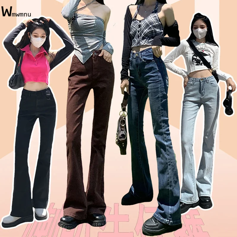 Kadınlar Yüksek Bel Moda Y2k Pantolon Denim Sıska Pantolon Düğmeleri Punk Kot Yüksekliği 155-173cm Giyim Vintage İnce Kahverengi Flare Pantolon