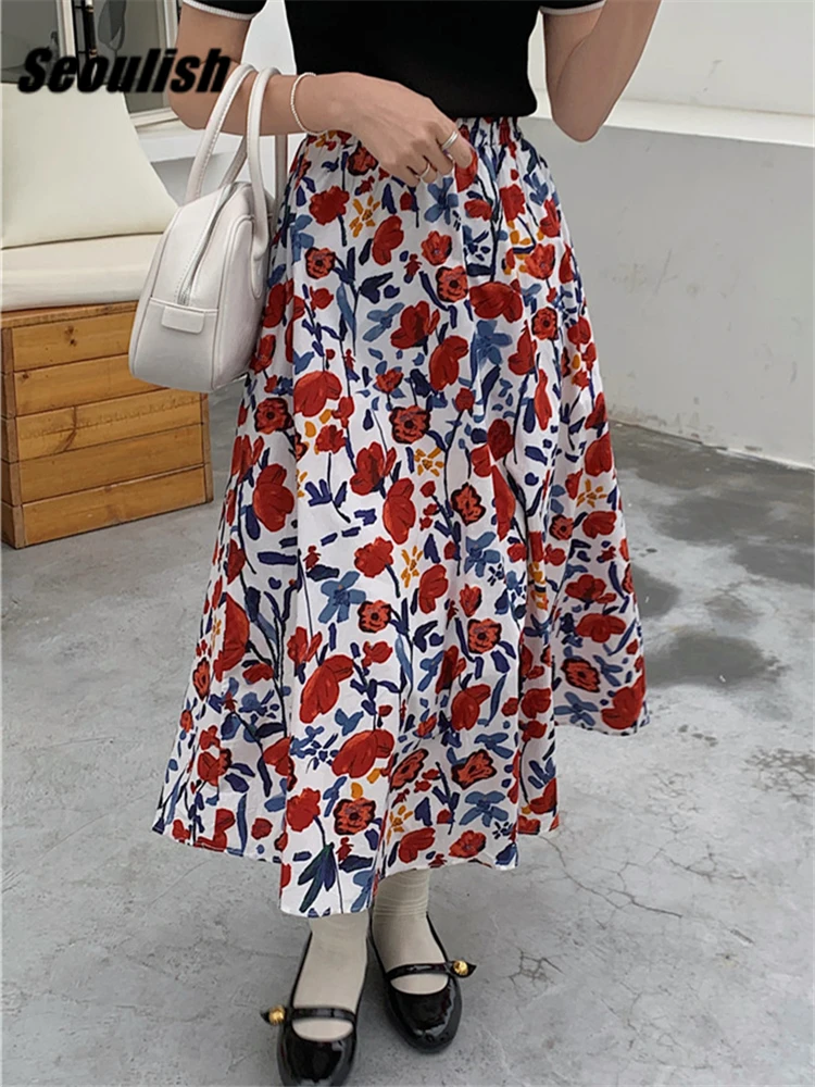 Seoulish 2022 Yeni Vintage Retro Çiçek Baskı kadın A-line Etekler İlkbahar Yaz Yüksek Bel Şık Şemsiye Midi Etekler Kadın Görüntü 0 