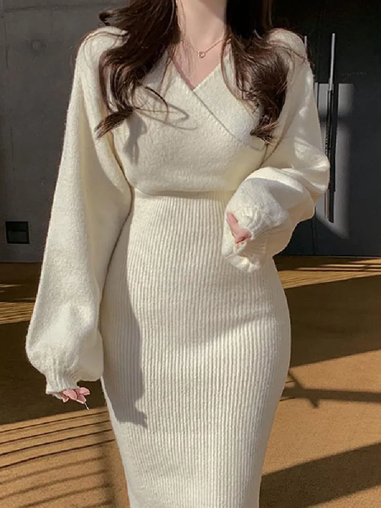 Örme Kış Katı Sonbahar Kazak Elbise Kadınlar Vintage Giyim 2022 Sıcak Kore Kalın Elbiseler Vestido Feminino Kadın Zarif