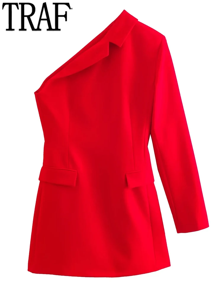 TRAF Kırmızı Blazer Elbise Kadınlar Bir Omuz Kısa Elbise Kadın 2022 Asimetrik Uzun Kollu Mini Elbise Zarif Rahat kadın elbiseleri