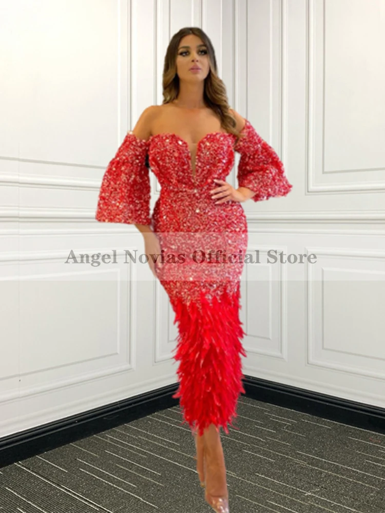 MELEK NOVİAS Resmi kadın Çay Uzunluğu Kırmızı Kristaller Akşam Elbise Tüy Balo Parti Törenlerinde Vestidos De Noche Görüntü 0 