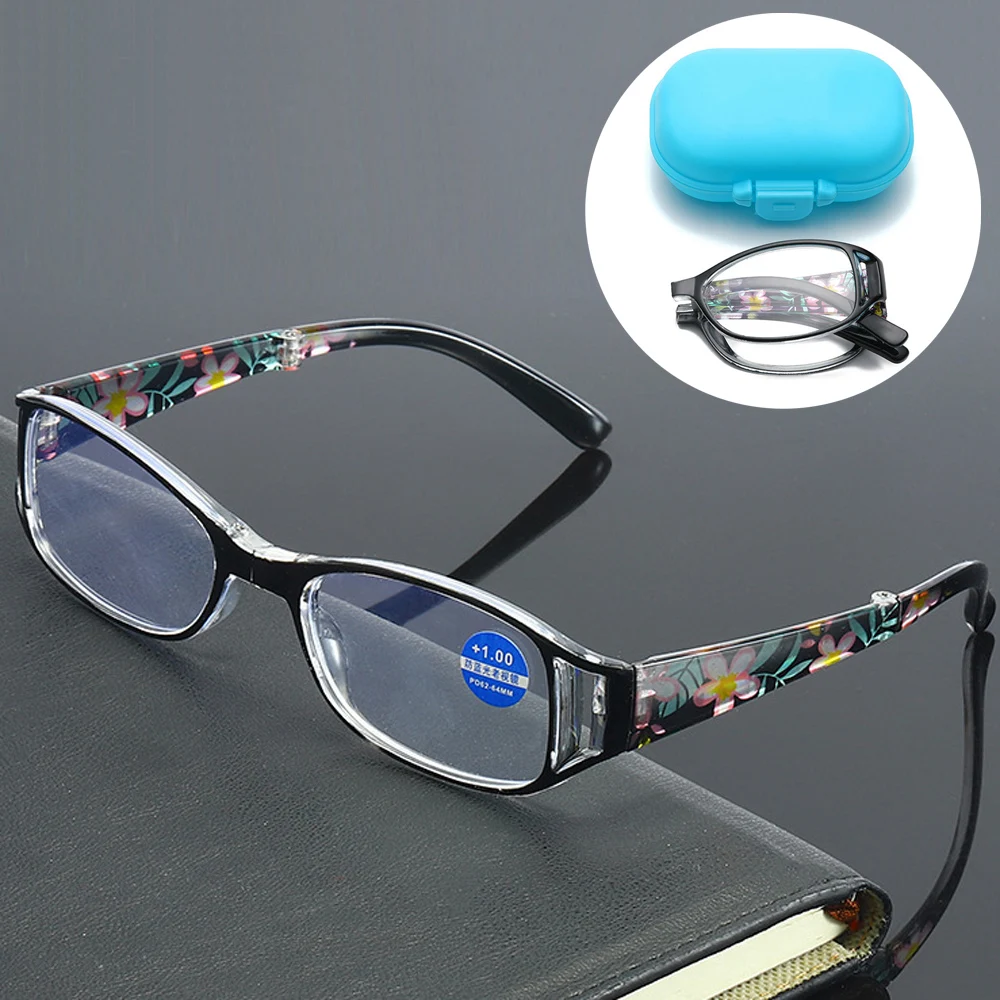 Okuma gözlüğü kadın Anti-mavi ışık katlanır Resbyopic gözlük erkekler moda baskı HD Lens taşınabilir gözlük durumda + 1.0~ + 4.0