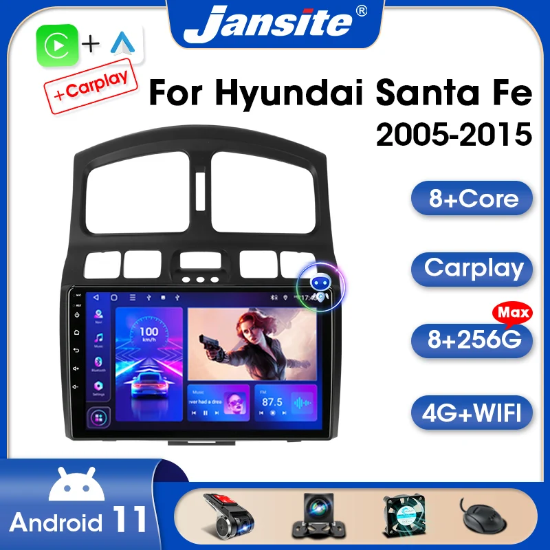 Jansite 2 Din Android 11 Araba Stereo Radyo Hyundai Klasik Santa Fe 2005-2015 Multimedya Video Oynatıcı Carplay Oto DVD Ses