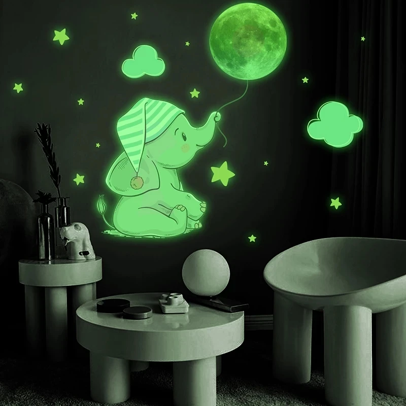 Bebek Fil Ay Aydınlık Duvar Sticker Bebek Çocuk Odası Yatak Odası Ev Dekorasyon Çıkartmaları Karanlıkta Glow Kombinasyonu Çıkartmalar