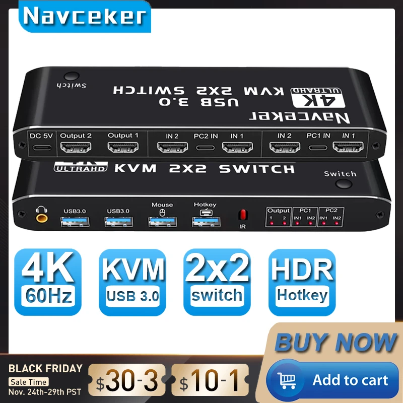 Navceker HDMI uyumlu KVM Anahtarı 4K 60Hz 2 Port Çift Monitör USB 3.0 KVM Anahtarı 1080P USB KVM Switcher HDMI USB 3.0 portu ile