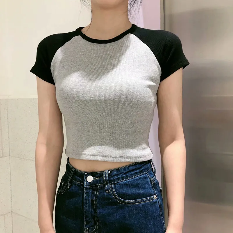 UNUTH İnce Kızlar O Boyun Yumuşak pamuklu tişört 2022 Yaz Moda Bayanlar Patchwork Yüksek Sokak Tees Kadın kısa tişört Tops Görüntü 2 