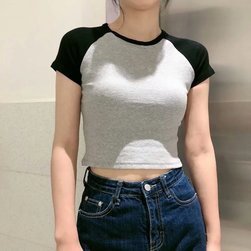UNUTH İnce Kızlar O Boyun Yumuşak pamuklu tişört 2022 Yaz Moda Bayanlar Patchwork Yüksek Sokak Tees Kadın kısa tişört Tops Görüntü 3 