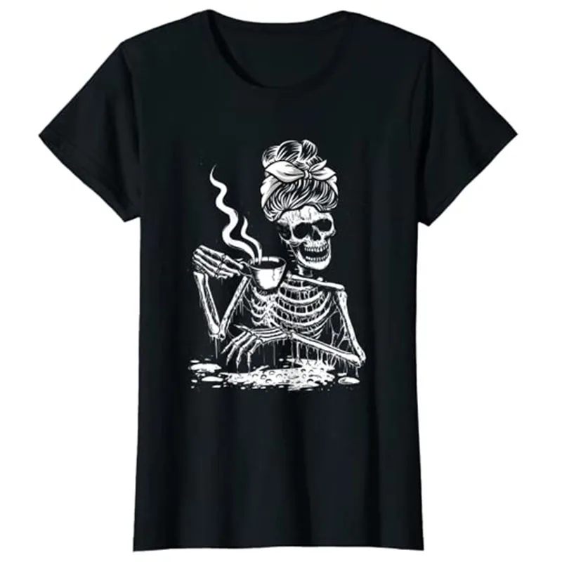 Bayan kahve içme iskelet tembel DIY Cadılar Bayramı kostüm kadınlar Goth T-Shirt Gotik Tee Tops