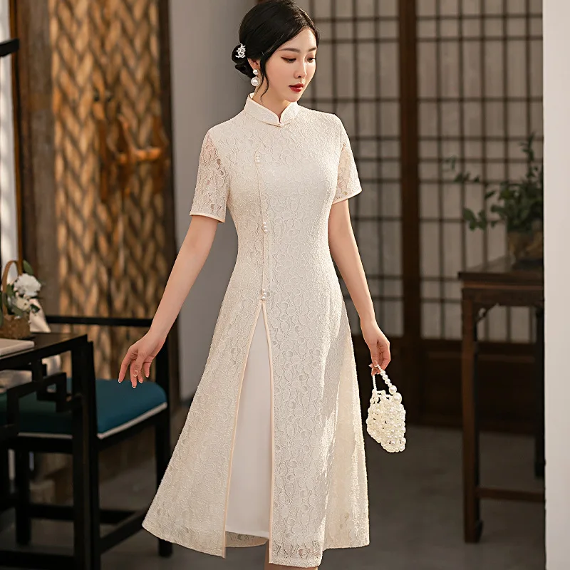 2022 Sonbahar Orta uzunlukta Beyaz İnce Kısa kollu Dantel Geliştirilmiş Aodai Cheongsam Günlük İçi Boş Çin Qipao Elbise Kadınlar için parti