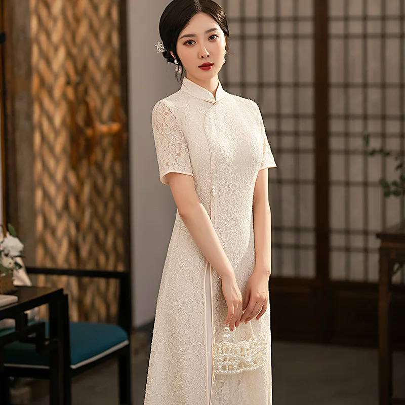 2022 Sonbahar Orta uzunlukta Beyaz İnce Kısa kollu Dantel Geliştirilmiş Aodai Cheongsam Günlük İçi Boş Çin Qipao Elbise Kadınlar için parti Görüntü 3 