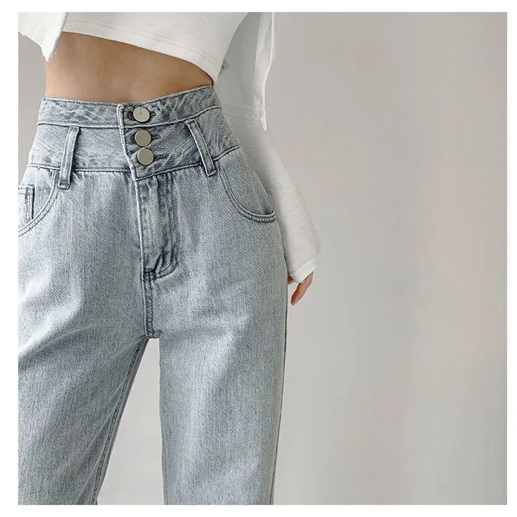 Rahat Yüksek Bel Tek Göğüslü Bel Bacak Kot Kadınlar İçin Yaz Sonbahar Streetwear Düz Gevşek Kot Pantolon Bayan Uzun Kot Pantolon