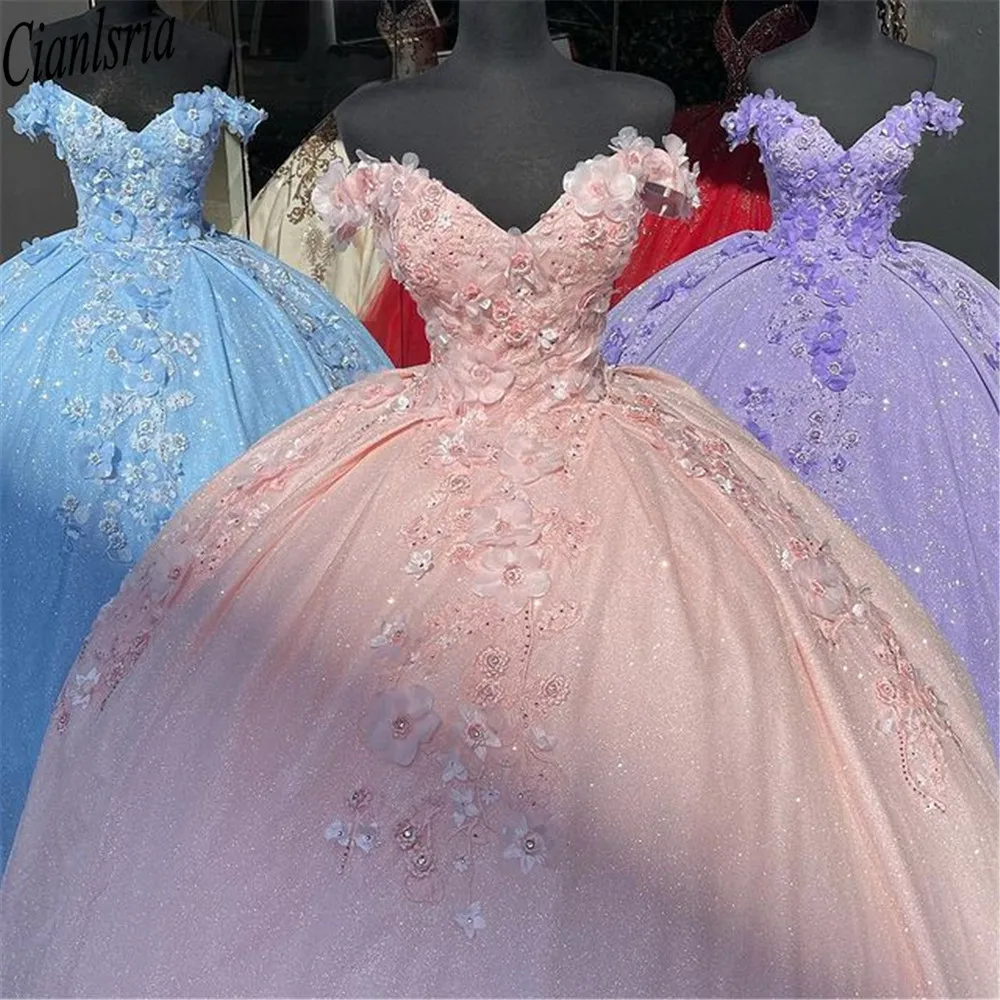 Bling Pullu Tatlı 16 Quinceanera Elbiseler ile 3D Aplike Boncuk Korse Elbise Vestidos De 16 Anos Masquerade xv Elbise Lavanta Görüntü 2 