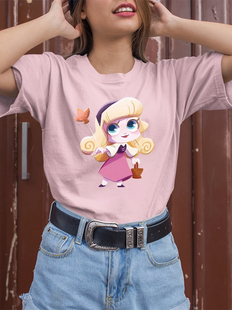 Disney Prenses Aurora Uyku Güzellik Baskı Yaz Tshirt Karikatür Kadın T-Shirt Rahat dişi t parça Üstleri Harajuku Streetwear