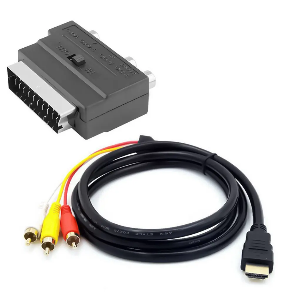 Siyah W / SCART 3 RCA Fono Adaptörü 1080p HDMI uyumlu S-video 3 RCA AV Ses Kablosu için Projektör / DVD / TV Ses Konektörü