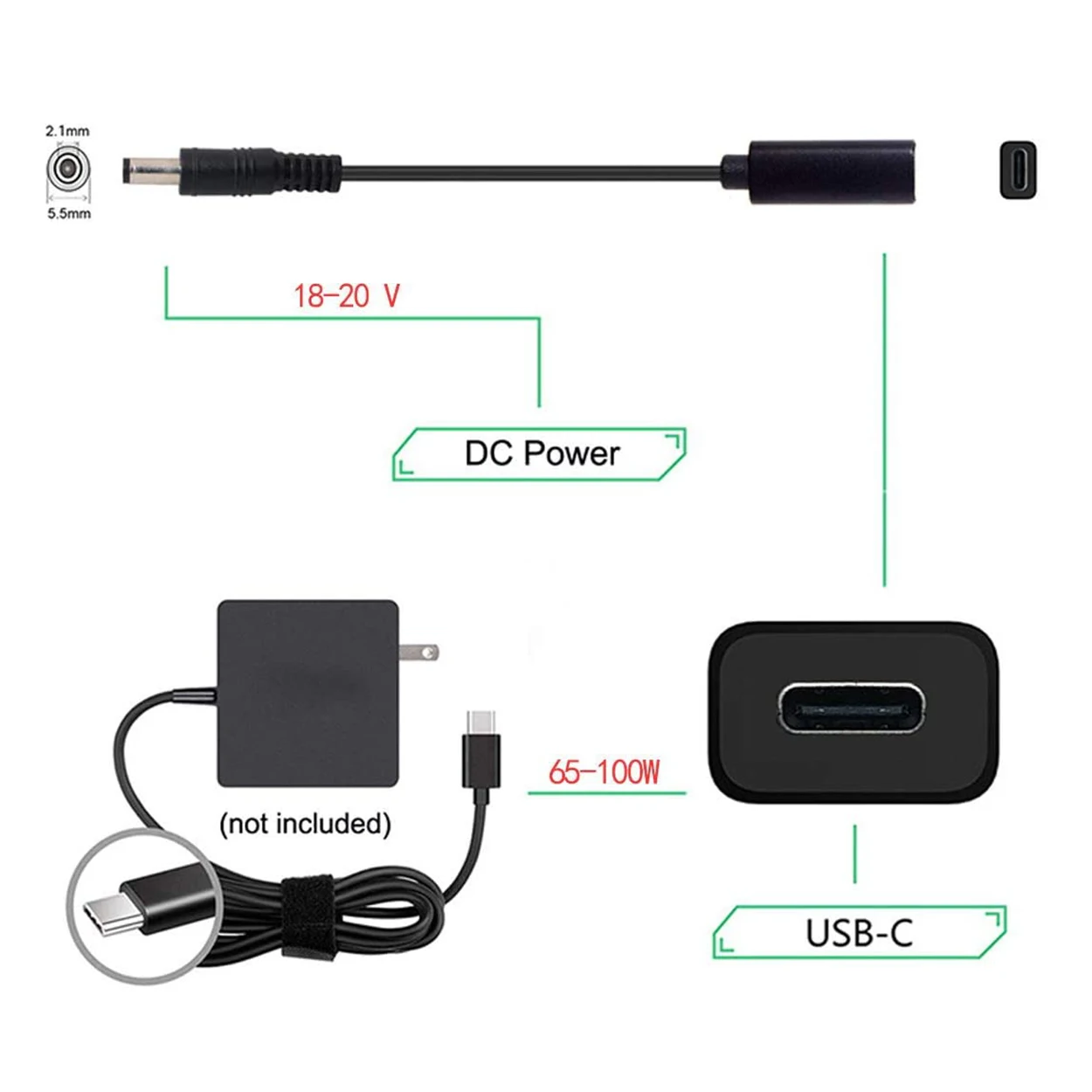 DC PD Güç USB-C Tipi C 3.1 Dişi Giriş 5.1 mm x 2.1 mm Erkek şarj adaptörü Kablosu Laptop için 18-20V 65W Görüntü 4 