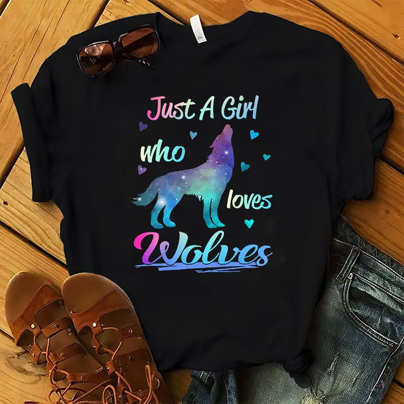 Sadece Bir Kız Aşk Kurt Baskı Kadın T Shirt Kısa Kollu O Boyun Gevşek Kadın Tişört Bayanlar Tee Gömlek Tops Camisetas Mujer