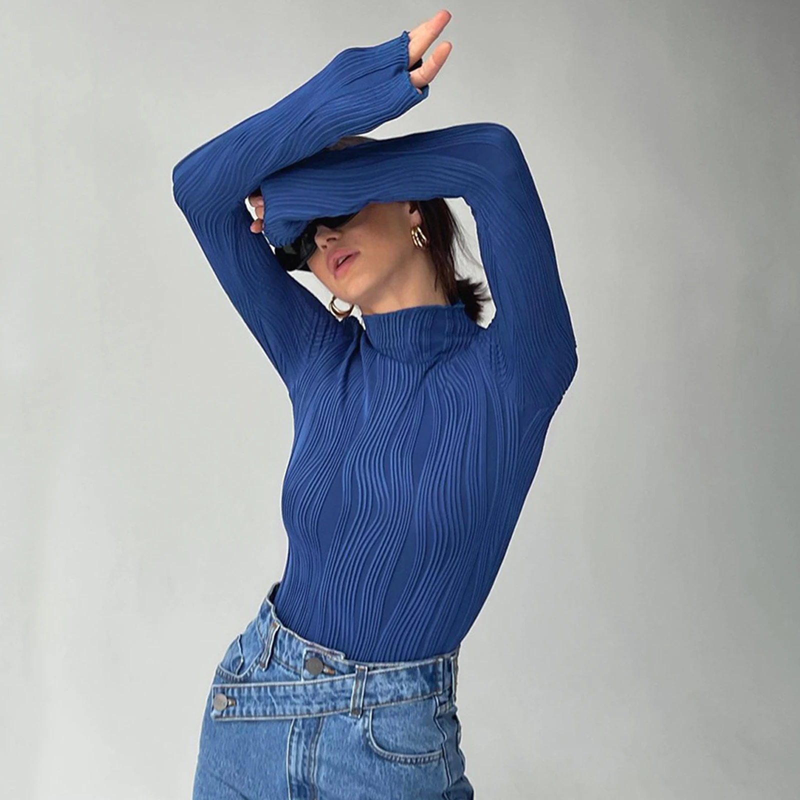 Kadın y2k Kırpma Gömlek Uzun Kollu Balıkçı Yaka Slim Gömme Tişörtleri Üst Örgü Kırpılmış Tee Bluz Retro Peri Grunge Streetwear