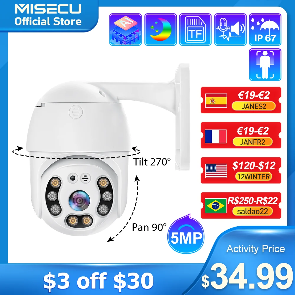 MISECU Full HD 5MP Güvenlik PoE IP Kamera PTZ Hız Dome Açık Onvif İki Yönlü Ses Aı İnsan Algılama Alarm Kamera XMeye TF Kart