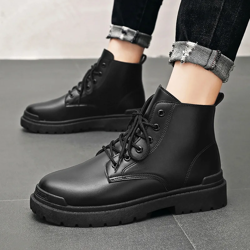 Yarım çizmeler Erkekler Siyah PU deri ayakkabı Sonbahar Yeni Rahat Platformu rahat ayakkabılar Yüksek top Moda Vahşi deri Çizmeler Mens