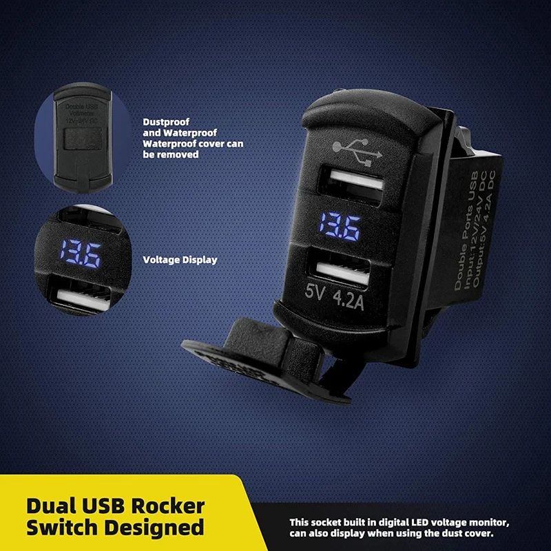 Çift USB Rocker Anahtarı Led Dijital Voltmetre Hızlı Şarj için Elektronik Cihazlar, evrensel Tüm 12 V-24 V Arabalar için