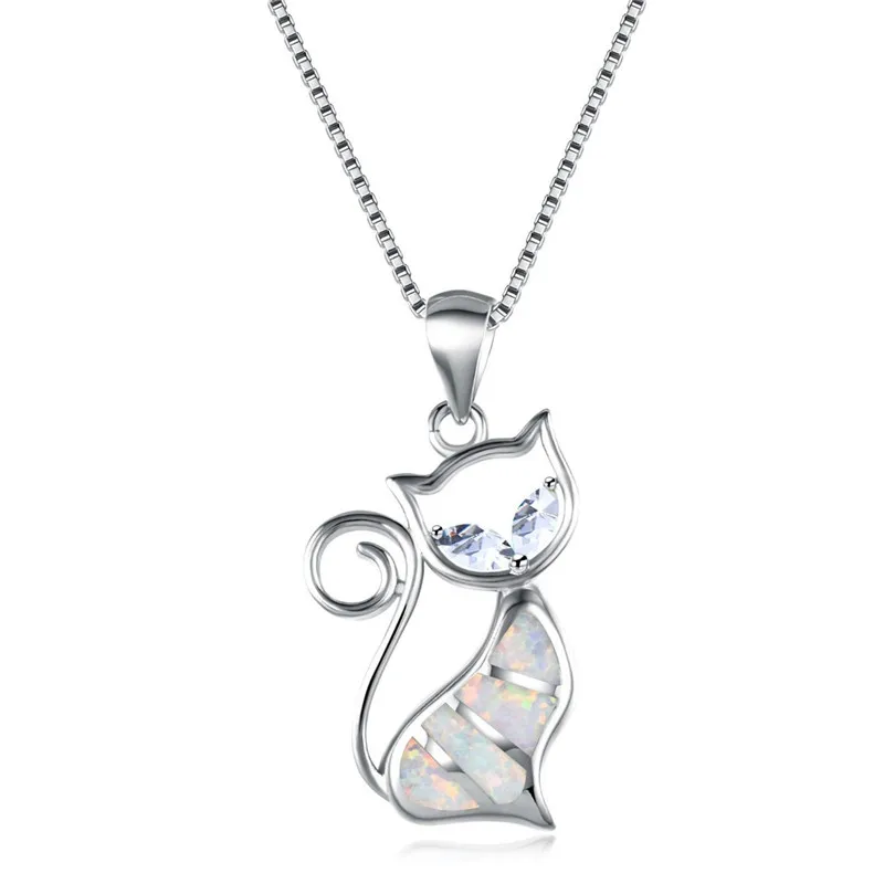 Zarif moda beyaz / mavi ateş Opal kedi kolye kolye kadın takı hediyeler