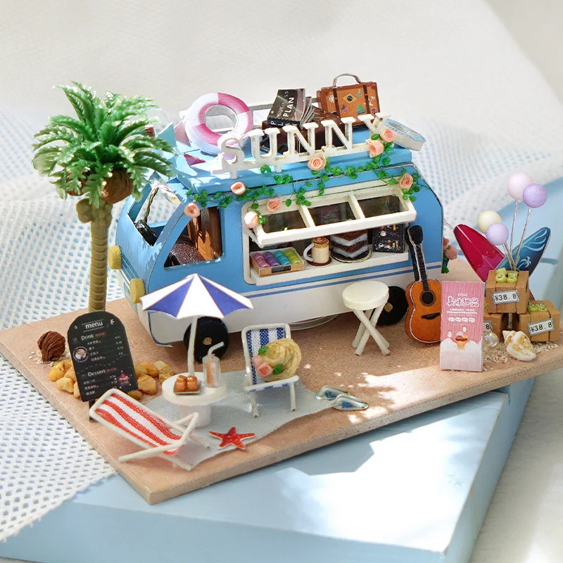Yeni DIY Mini araba okyanus dükkanı Casa ahşap bebek evi minyatür yapı kitleri Dollhouse mobilya ışıkları oyuncaklar kızlar için hediyeler