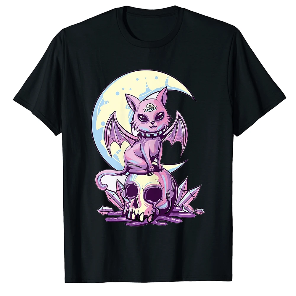 Pastel Goth Wiccan Kedi Sevimli Ürpertici Witchy Kedi ve kafatası tişört cadılar bayramı kıyafetleri Korku erkek Kısa Kollu Üstleri Kadın Giyim