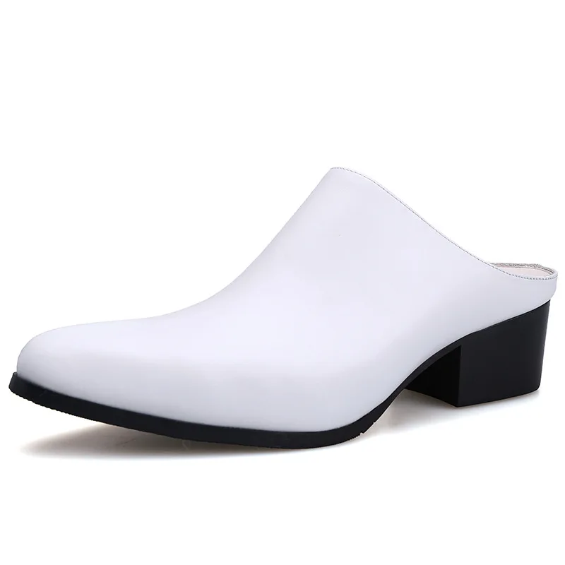 Erkek Yarım Terlik 5CM Yüksek Topuklu Ayakkabılar Siyah Mavi Beyaz Yaz Ofis Sandalet Hakiki Deri Sivri Burun 2022 Moda Slaytlar