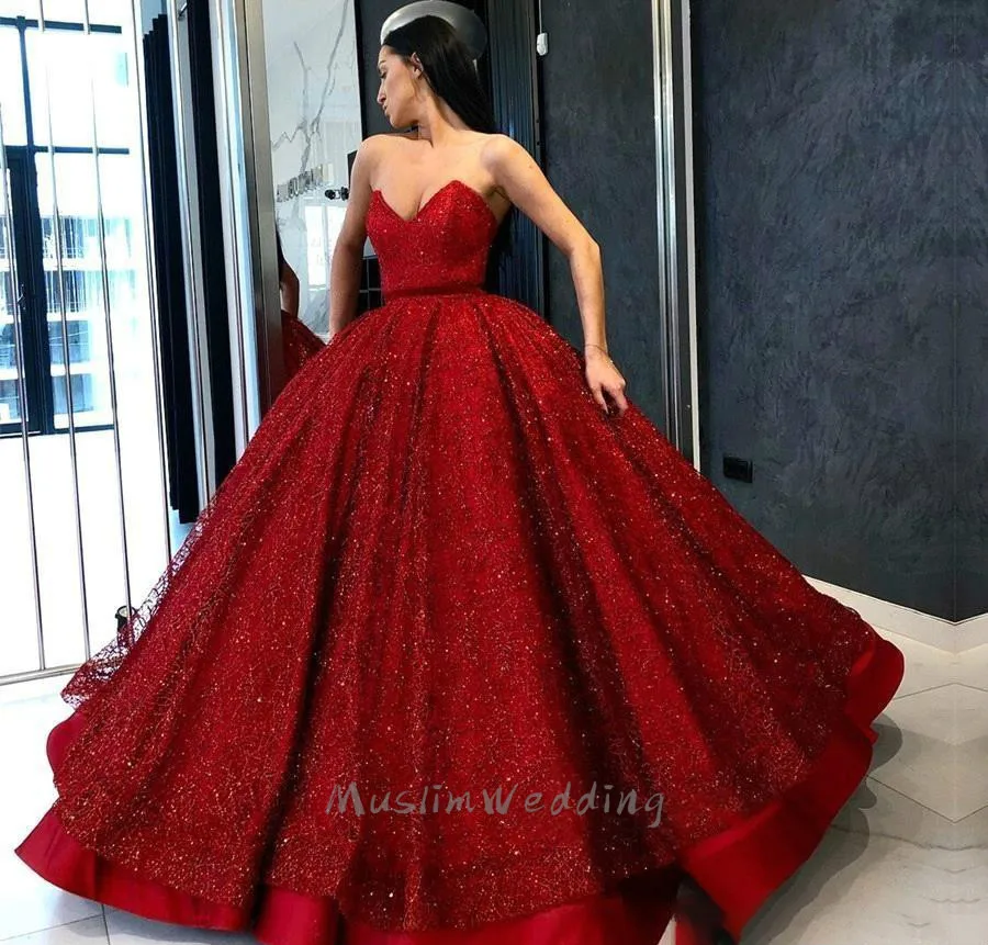 Lüks Kırmızı Balo Pullu Quinceanera Elbiseler Sevgiliye Zarif Uzun Örgün Akşam Elbise 2020 Glitter Kadınlar Balo Abiye Ucuz