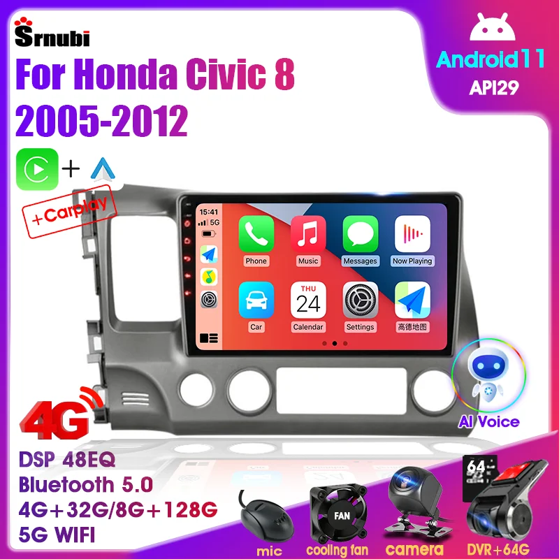 Android 11 Araba Radyo Multimedya Honda Civic 8 2005-2012 GPS Navigasyon 2din DVD Stereo Carplay Hoparlörler Kafa Ünitesi Ses MP5