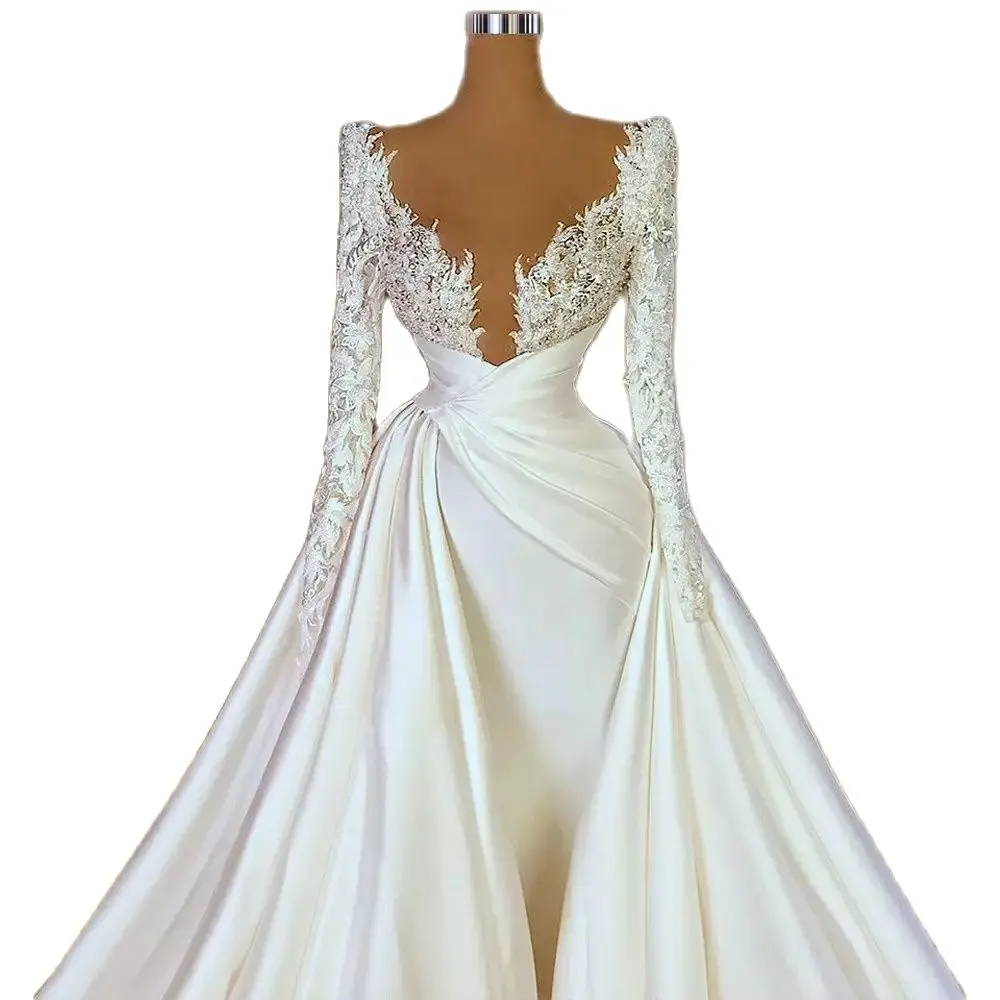 Zarif Uzun Kollu düğün elbisesi 2023 Seksi Derin V Boyun Saten Boncuklu gelinlikler Custom Made Lüks Elbiseler