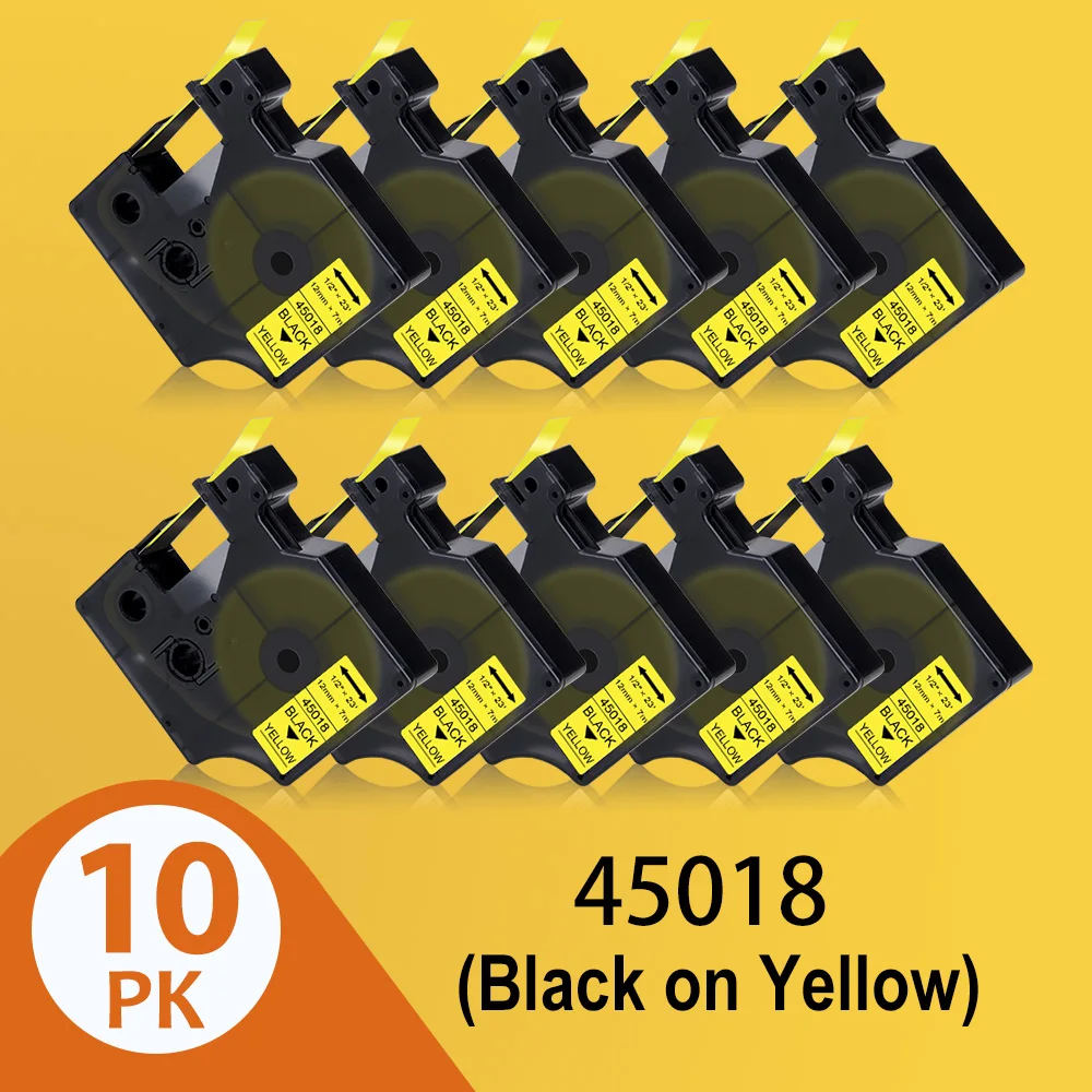 Bir ABCOLOR 10PK Etiketleri 45018 Dymo D1 45018 12mm Siyah Sarı etiket Kartuşu Dymo LabelManager 280 160 LM 160 LM 280