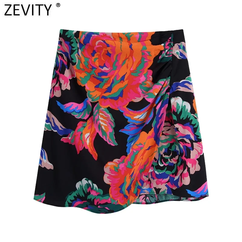Zevity Kadınlar Vintage Renk Maç Çiçek Baskı Pleats Bölünmüş Mini Tasarım Etek Faldas Mujer Bayanlar Chic Geri Fermuar Vestido QUN894