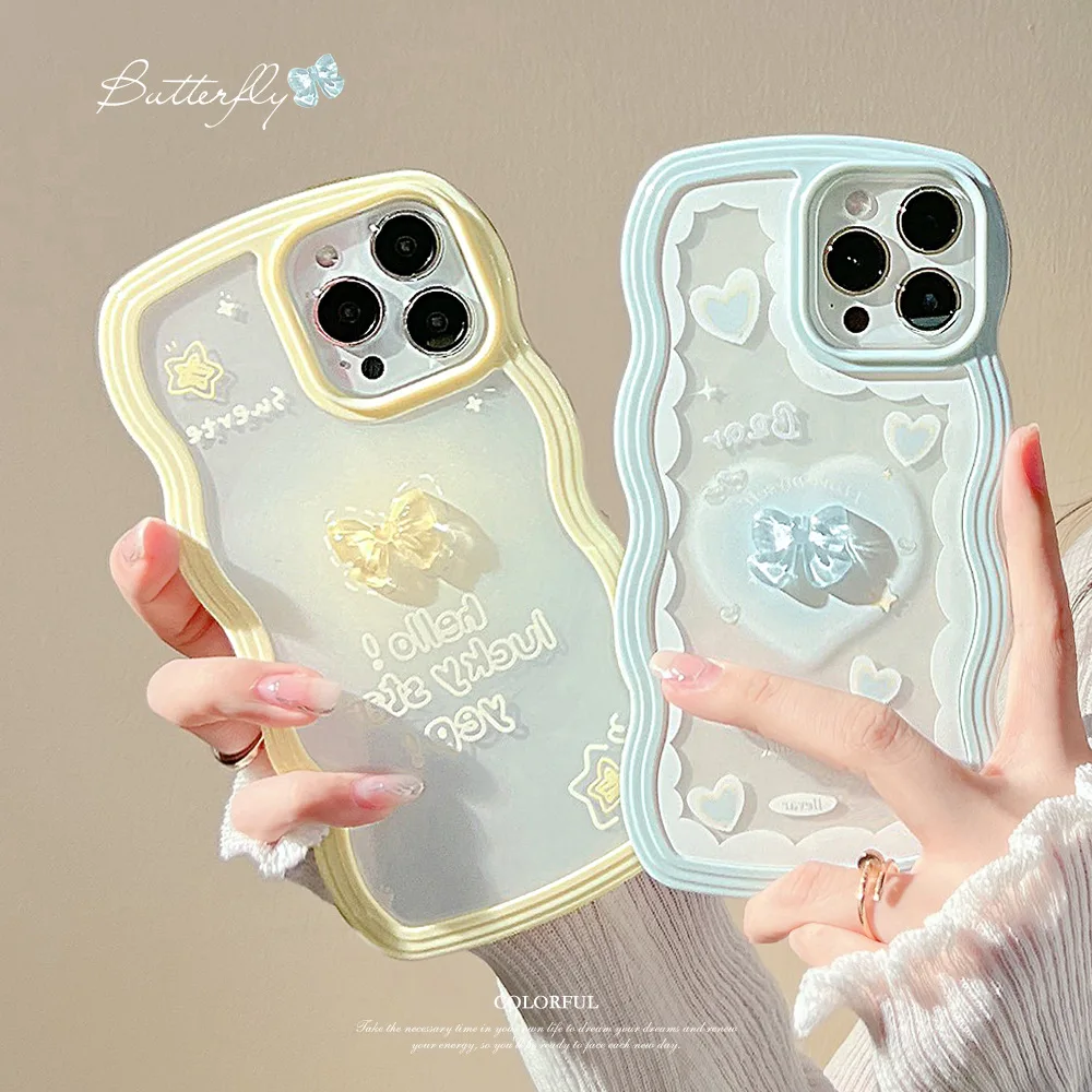 Tatlı Kız Şeffaf Kristal Yay Loveheart Dalgalı Sınır Telefon Kılıfı için iPhone 14 13 11 12 Pro Max Xr Xs Şeker Renk Kapak