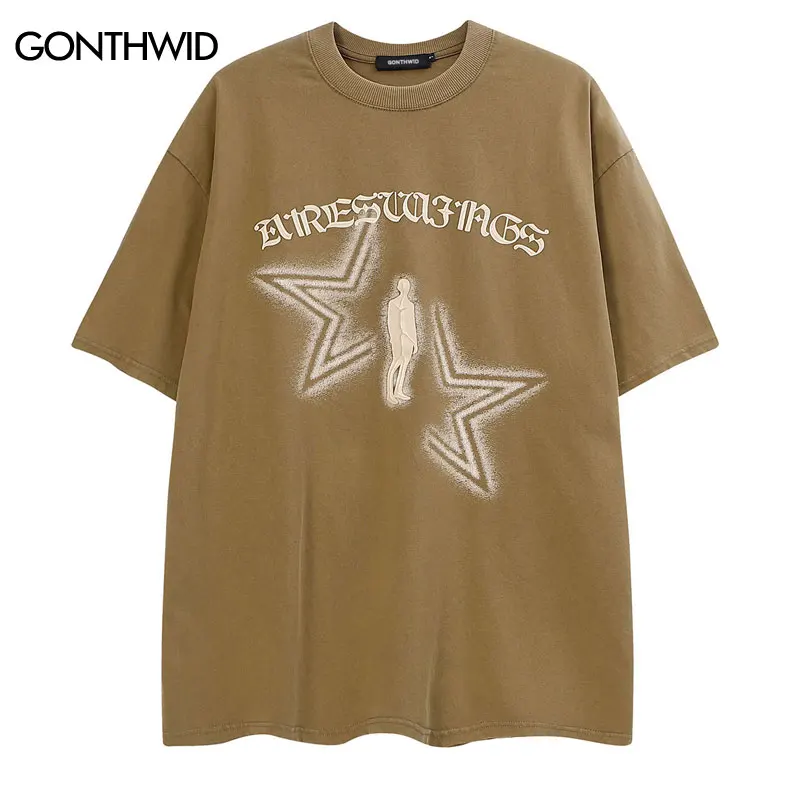 Vintage 2023 T Shirt Streetwear Gölge Yıldız Baskı Yıkanmış Tshirt Retro Punk Gotik Kısa Kollu Tee Harajuku Gevşek Gömlek Tops