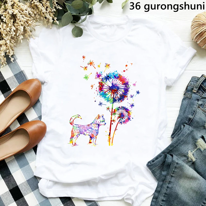 Komik T Shirt Kadın giyim Chihuahua Karahindiba Ağacı baskı t-shirt Femme Dachshunds / Corgi / Beagle Köpek T-Shirt Kadın Streetwear