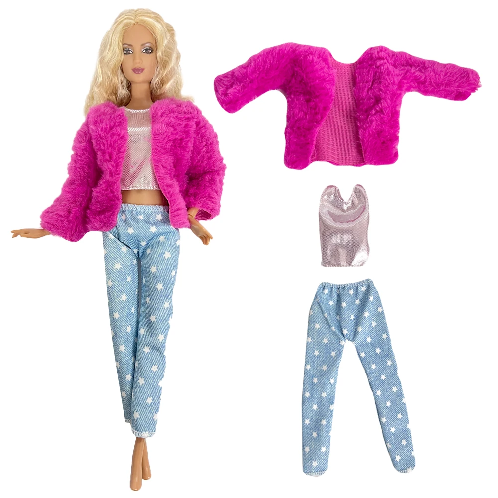 NK 1 Takım Moda Giyim Pembe Ceket+Üst+ Pantolon barbie bebek Elbise gündelik giyim Modern Kıyafet kız bebek AccessoriesToys