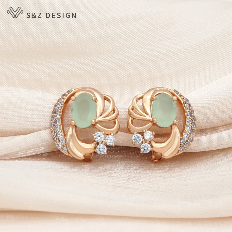 S & Z tasarım Yeni Moda Yumurta Şekli Yeşil Renkli Kristal Dangle Küpe Kadınlar Için Düğün 585 Gül Altın Kübik Zirkonya Takı